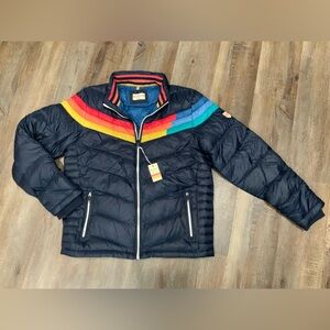 Marine Layer Black Puffer Jacket with Colorful Stripes
